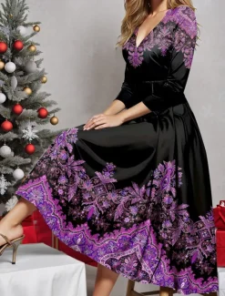 Online Women's Midi Dress Winter Dress Swing Dress Semi Formal Dress A Line Dress Fashion Streetwear Modern Formal Outdoor Vacation Regular Fit Floral Tribal 3/4 Length Sleeve V Neck Blue Purple Fuchsia Gold Women Cocktail Dress