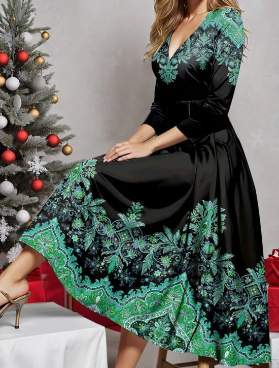 Online Women's Midi Dress Winter Dress Swing Dress Semi Formal Dress A Line Dress Fashion Streetwear Modern Formal Outdoor Vacation Regular Fit Floral Tribal 3/4 Length Sleeve V Neck Blue Purple Fuchsia Gold Women Cocktail Dress