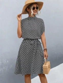 Sale Women's Midi Dress Work Dresses Casual Daily Regular Fit Graphic Plaid Short Sleeve High Neck Black Brown Summer Women Work Dresses