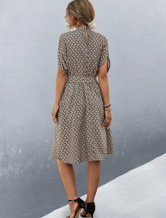 Sale Women's Midi Dress Work Dresses Casual Daily Regular Fit Graphic Plaid Short Sleeve High Neck Black Brown Summer Women Work Dresses