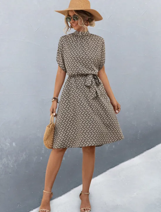 Sale Women's Midi Dress Work Dresses Casual Daily Regular Fit Graphic Plaid Short Sleeve High Neck Black Brown Summer Women Work Dresses