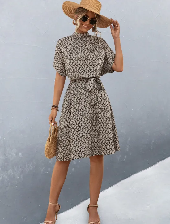 Sale Women's Midi Dress Work Dresses Casual Daily Regular Fit Graphic Plaid Short Sleeve High Neck Black Brown Summer Women Work Dresses
