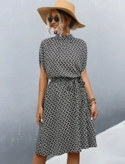 Sale Women's Midi Dress Work Dresses Casual Daily Regular Fit Graphic Plaid Short Sleeve High Neck Black Brown Summer Women Work Dresses