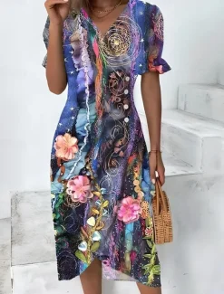Best Women's Midi Dress Wrap Dress Elegant Lightweight Puff Sleeve Short Sleeve V Neck Going out Regular Fit Floral Graphic Blue Purple Green Women Casual Dress|Floral Dresses