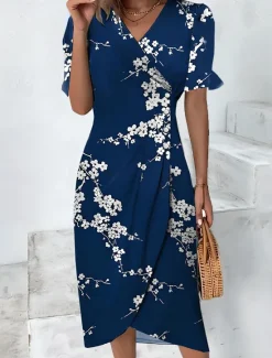 Best Women's Midi Dress Wrap Dress Elegant Lightweight Puff Sleeve Short Sleeve V Neck Going out Regular Fit Floral Graphic Blue Purple Green Women Casual Dress|Floral Dresses