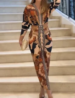 Online Women's Midi Dress Wrap Dress Vacation Casual Boho Outdoor Going out Beach Loose Fit Floral Graphic Paisley Long Sleeve V Neck Summer Spring Women Vacation Dresses