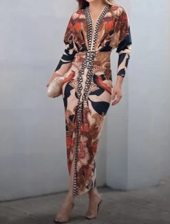 Online Women's Midi Dress Wrap Dress Vacation Casual Boho Outdoor Going out Beach Loose Fit Floral Graphic Paisley Long Sleeve V Neck Summer Spring Women Vacation Dresses