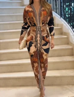 Online Women's Midi Dress Wrap Dress Vacation Casual Boho Outdoor Going out Beach Loose Fit Floral Graphic Paisley Long Sleeve V Neck Summer Spring Women Vacation Dresses