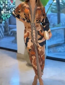 Online Women's Midi Dress Wrap Dress Vacation Casual Boho Outdoor Going out Beach Loose Fit Floral Graphic Paisley Long Sleeve V Neck Summer Spring Women Vacation Dresses