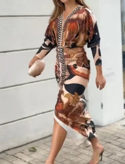 Online Women's Midi Dress Wrap Dress Vacation Casual Boho Outdoor Going out Beach Loose Fit Floral Graphic Paisley Long Sleeve V Neck Summer Spring Women Vacation Dresses