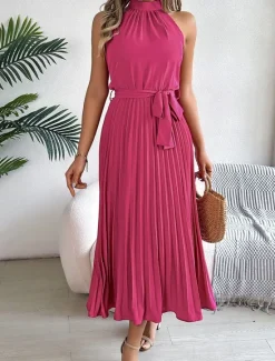Clearance Women's Midi Dress Wrap Dress A Line Dress Pleated Dress Halter Dress Vacation Vacation Casual Daily Regular Fit Graphic Sleeveless Halter Neck Black Pink Wine Green Summer Women Cocktail Dress