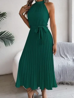 Clearance Women's Midi Dress Wrap Dress A Line Dress Pleated Dress Halter Dress Vacation Vacation Casual Daily Regular Fit Graphic Sleeveless Halter Neck Black Pink Wine Green Summer Women Cocktail Dress
