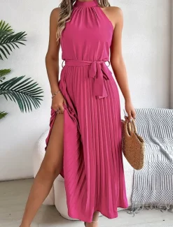 Clearance Women's Midi Dress Wrap Dress A Line Dress Pleated Dress Halter Dress Vacation Vacation Casual Daily Regular Fit Graphic Sleeveless Halter Neck Black Pink Wine Green Summer Women Cocktail Dress