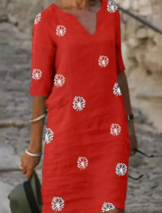 Clearance Women's Midi Dress Yellow Red Green Summer Spring Shift Dress Casual Daily Loose Fit Flower Notched Neck Women Vacation Dresses