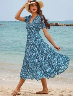 Discount Women's Mid-Length Dress Short Sleeve V-neck Floral Print Bohemian Style Comfortable Beach Vacation Wear White Summer Spring Clothing Apparel Women Chiffon Dresses