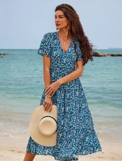 Discount Women's Mid-Length Dress Short Sleeve V-neck Floral Print Bohemian Style Comfortable Beach Vacation Wear White Summer Spring Clothing Apparel Women Chiffon Dresses