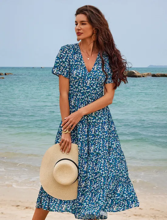 Discount Women's Mid-Length Dress Short Sleeve V-neck Floral Print Bohemian Style Comfortable Beach Vacation Wear White Summer Spring Clothing Apparel Women Chiffon Dresses