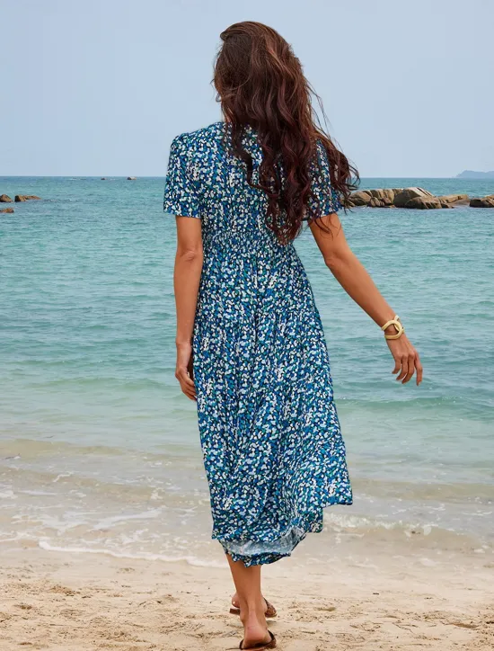Discount Women's Mid-Length Dress Short Sleeve V-neck Floral Print Bohemian Style Comfortable Beach Vacation Wear White Summer Spring Clothing Apparel Women Chiffon Dresses