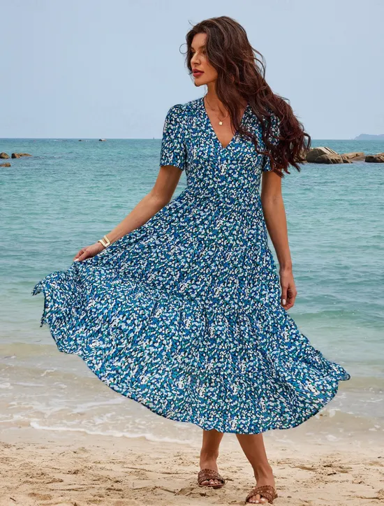 Discount Women's Mid-Length Dress Short Sleeve V-neck Floral Print Bohemian Style Comfortable Beach Vacation Wear White Summer Spring Clothing Apparel Women Chiffon Dresses