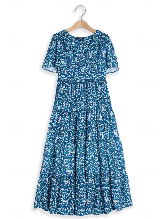 Discount Women's Mid-Length Dress Short Sleeve V-neck Floral Print Bohemian Style Comfortable Beach Vacation Wear White Summer Spring Clothing Apparel Women Chiffon Dresses