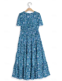 Discount Women's Mid-Length Dress Short Sleeve V-neck Floral Print Bohemian Style Comfortable Beach Vacation Wear White Summer Spring Clothing Apparel Women Chiffon Dresses