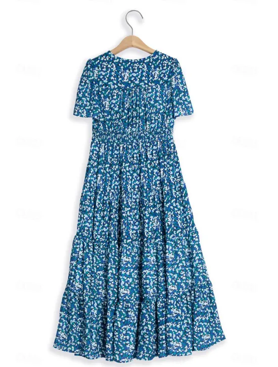 Discount Women's Mid-Length Dress Short Sleeve V-neck Floral Print Bohemian Style Comfortable Beach Vacation Wear White Summer Spring Clothing Apparel Women Chiffon Dresses