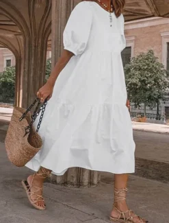Sale Women's Mid-Length Dress White Tiered Bohemian Style Short Puff Sleeve Casual Flowy Beach Summer Breathable Cotton Clothing Apparel Women White Dresses