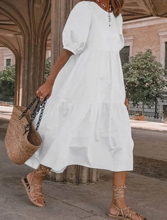 Sale Women's Mid-Length Dress White Tiered Bohemian Style Short Puff Sleeve Casual Flowy Beach Summer Breathable Cotton Clothing Apparel Women White Dresses