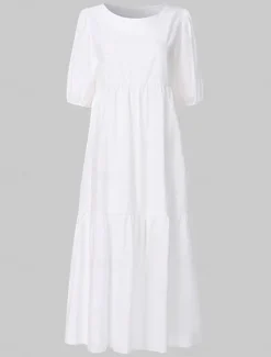 Sale Women's Mid-Length Dress White Tiered Bohemian Style Short Puff Sleeve Casual Flowy Beach Summer Breathable Cotton Clothing Apparel Women White Dresses