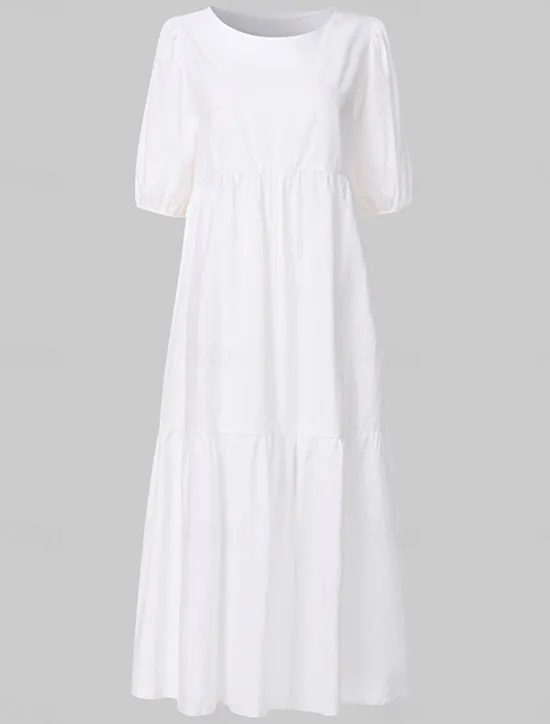 Sale Women's Mid-Length Dress White Tiered Bohemian Style Short Puff Sleeve Casual Flowy Beach Summer Breathable Cotton Clothing Apparel Women White Dresses