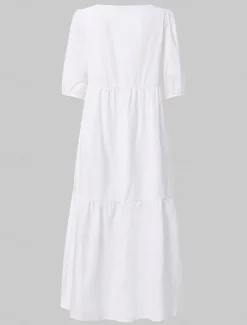 Sale Women's Mid-Length Dress White Tiered Bohemian Style Short Puff Sleeve Casual Flowy Beach Summer Breathable Cotton Clothing Apparel Women White Dresses