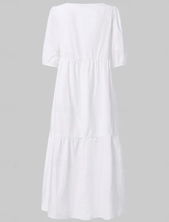 Sale Women's Mid-Length Dress White Tiered Bohemian Style Short Puff Sleeve Casual Flowy Beach Summer Breathable Cotton Clothing Apparel Women White Dresses