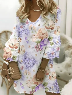 New Women's Mini Dress A Line Dress Vacation Sundress Casual Boho Party Summer Dress Regular Fit Floral Graphic Layered Ruffle 3/4 Length Sleeve V Neck Light Blue Light Purple Summer Women Vacation Dresses