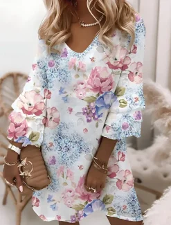 New Women's Mini Dress A Line Dress Vacation Sundress Casual Boho Party Summer Dress Regular Fit Floral Graphic Layered Ruffle 3/4 Length Sleeve V Neck Light Blue Light Purple Summer Women Vacation Dresses
