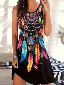 New Women's Mini Dress A Line Dress Summer Dress Vacation Casual Daily Regular Fit Graphic Tribal Sleeveless Crew Neck Summer Women Sundresses|T Shirt Dresses