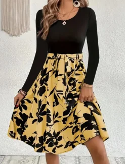 Hot Women's Mini Dress A Line Dress Casual Daily Regular Fit Floral Graphic Long Sleeve Crew Neck Dark Yellow White Yellow Wine Summer Women Casual Dress