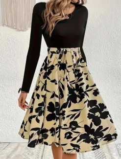 Hot Women's Mini Dress A Line Dress Casual Daily Regular Fit Floral Graphic Long Sleeve Crew Neck Dark Yellow White Yellow Wine Summer Women Casual Dress