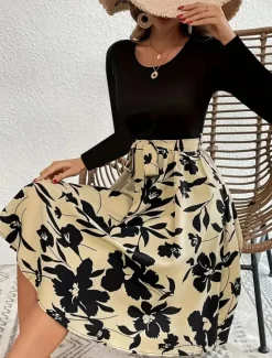 Hot Women's Mini Dress A Line Dress Casual Daily Regular Fit Floral Graphic Long Sleeve Crew Neck Dark Yellow White Yellow Wine Summer Women Casual Dress