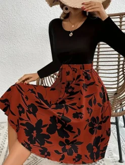 Hot Women's Mini Dress A Line Dress Casual Daily Regular Fit Floral Graphic Long Sleeve Crew Neck Dark Yellow White Yellow Wine Summer Women Casual Dress