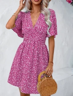 Best Women's Mini Dress A Line Dress Casual Outdoor Going out Standard Fit Floral Short Sleeve V Neck Black Pink Blue Purple Summer Women Vacation Dresses