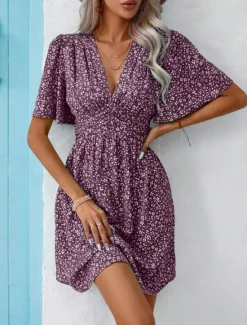 Best Women's Mini Dress A Line Dress Casual Outdoor Going out Standard Fit Floral Short Sleeve V Neck Black Pink Blue Purple Summer Women Vacation Dresses