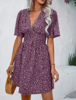 Best Women's Mini Dress A Line Dress Casual Outdoor Going out Standard Fit Floral Short Sleeve V Neck Black Pink Blue Purple Summer Women Vacation Dresses