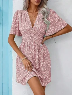 Best Women's Mini Dress A Line Dress Casual Outdoor Going out Standard Fit Floral Short Sleeve V Neck Black Pink Blue Purple Summer Women Vacation Dresses