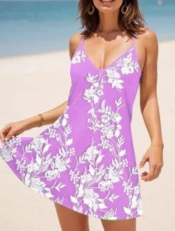 Outlet Women's Mini Dress A Line Dress Summer Dress Slip Dress Vacation Casual Daily Regular Fit Floral Graphic Sleeveless V Neck Pink Blue Purple Green Summer Women Sundresses|Casual Dress