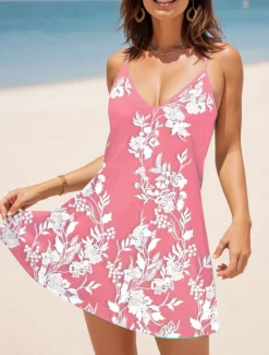 Outlet Women's Mini Dress A Line Dress Summer Dress Slip Dress Vacation Casual Daily Regular Fit Floral Graphic Sleeveless V Neck Pink Blue Purple Green Summer Women Sundresses|Casual Dress