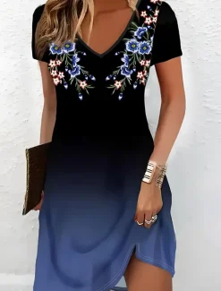 Women's Mini Dress A Line DressSundress Summer Dress Vacation Casual Vacation Daily Regular Fit Floral Graphic Short Sleeve Crew Neck Dark Blue Summer Women Casual Dress|T Shirt Dresses