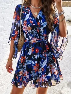 Women's Mini Dress A Line Dress Stylish Vacation Daily Loose Fit Floral Half Sleeve V Neck Summer Women Chiffon Dresses