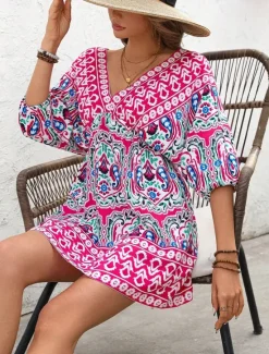 Outlet Women's Mini Dress A Line Dress Vacation Casual Boho Outdoor Going out Regular Fit Floral Graphic 3/4 Length Sleeve V Neck Summer Spring Women Vacation Dresses