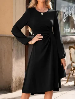 Hot Women's Mini Dress A Line Dress Semi Formal Office Regular Fit Plaid Plain Long Sleeve Crew Neck Black Wine Red Summer Fall Women Work Dresses