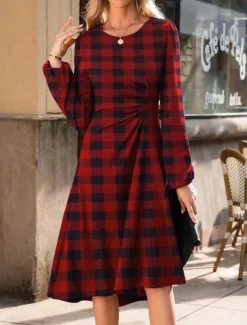 Hot Women's Mini Dress A Line Dress Semi Formal Office Regular Fit Plaid Plain Long Sleeve Crew Neck Black Wine Red Summer Fall Women Work Dresses